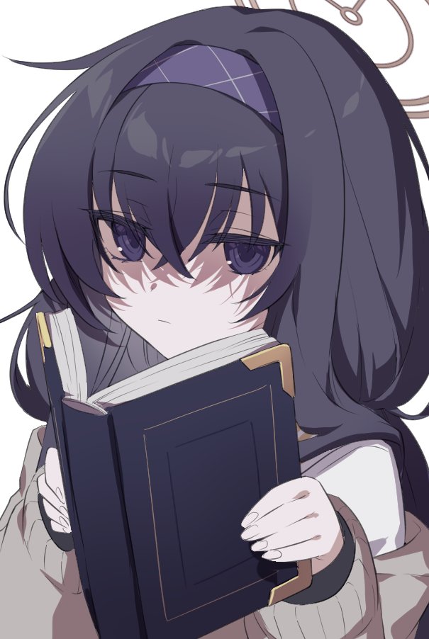 1girl bangs black_hair blue_archive blue_eyes blue_hairband book crossed_bangs hairband halo holding holding_book jitome long_hair long_sleeves looking_at_viewer naganegi off_shoulder shirt solo sweater ui_(blue_archive) upper_body white_shirt