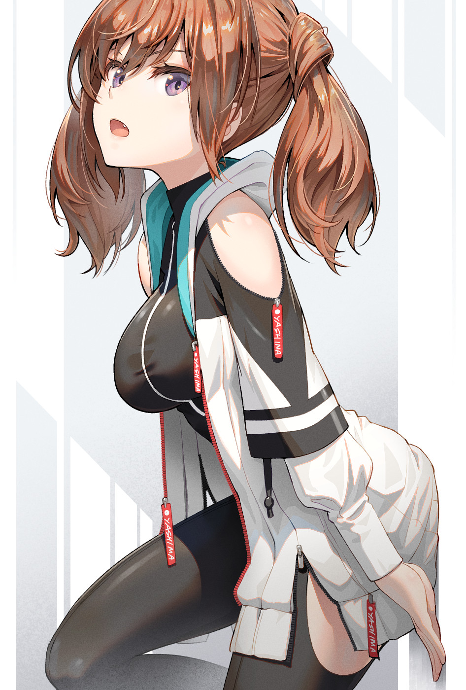 1girl alice_gear_aegis bare_shoulders black_bodysuit bodysuit brown_hair commentary commentary_request fang highres jacket kimikage_yui looking_at_viewer open_mouth pinakes purple_eyes solo twintails white_jacket