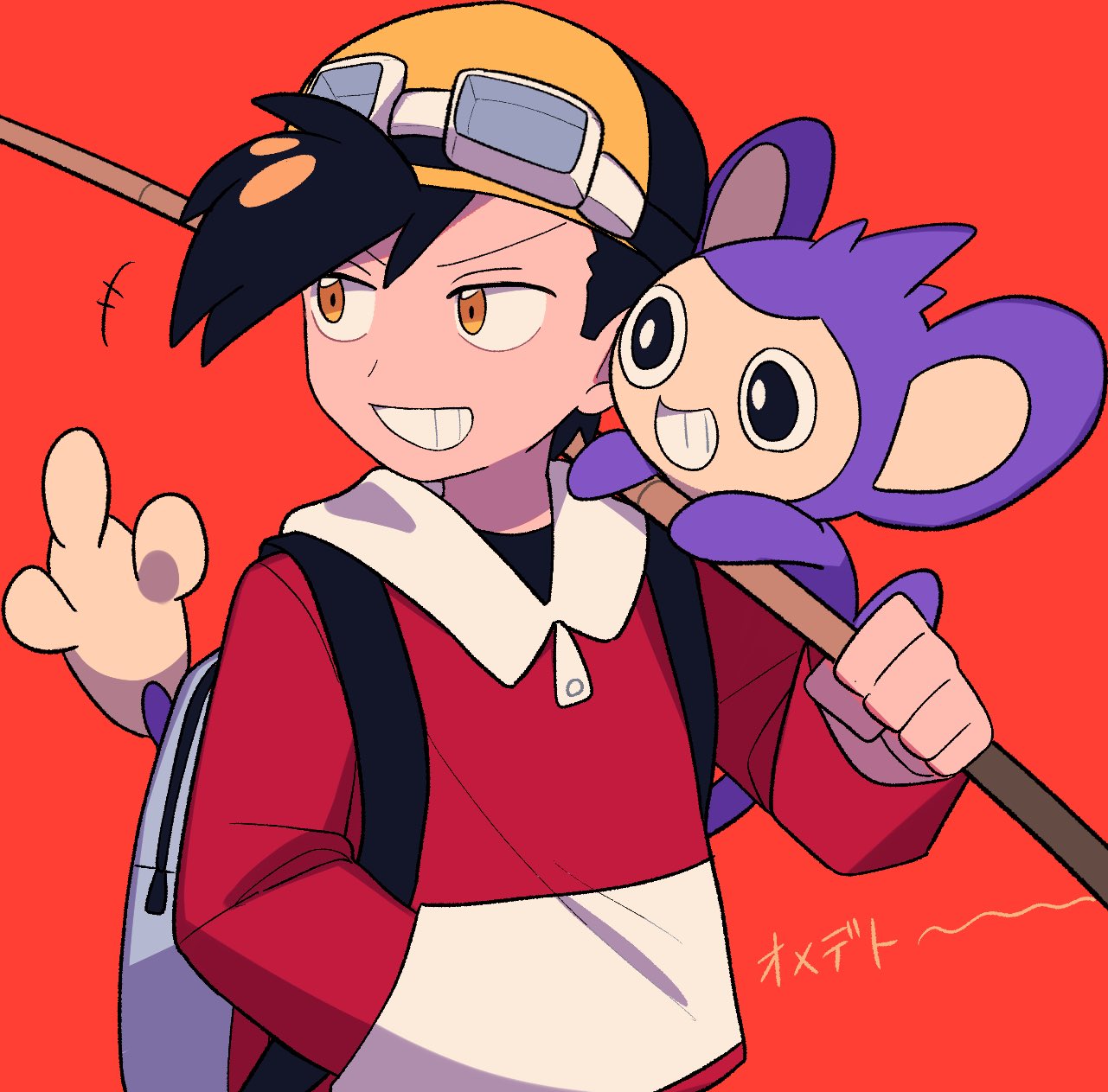 +++ 1boy aipom backpack backwards_hat bag bangs black_hair commentary_request ethan_(pokemon) goggles goggles_on_headwear grey_bag grin hand_in_pocket hand_up hat highres holding jacket male_focus orange_eyes pokemon pokemon_(creature) pokemon_adventures pokemon_on_arm red_background red_jacket short_hair smile teeth tyako_089 upper_body