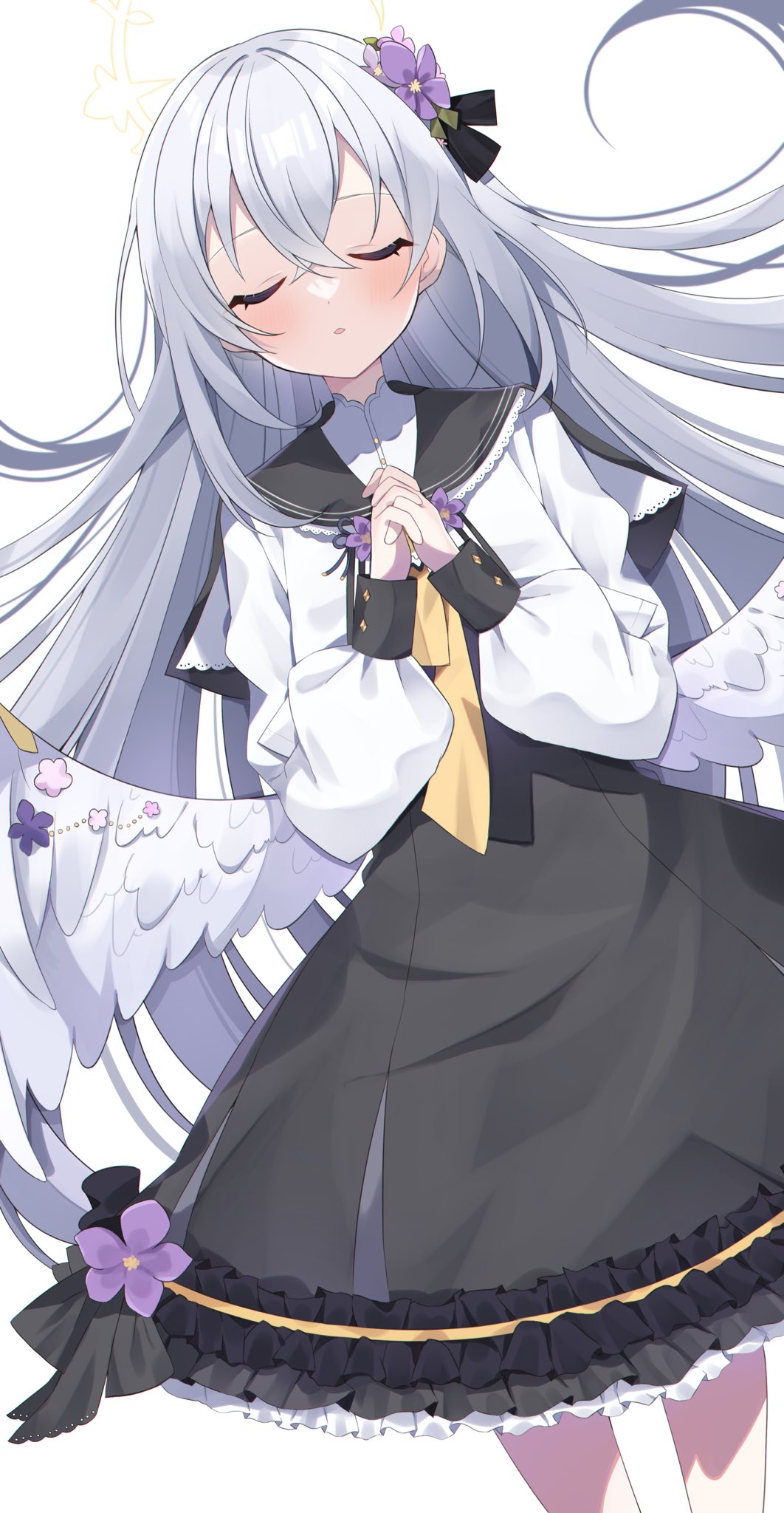 1girl azusa_(blue_archive) blue_archive blush closed_eyes flower frilled_skirt frills hair_between_eyes hair_flower hair_ornament halo highres murase48 own_hands_clasped own_hands_together school_uniform simple_background skirt solo white_background wings