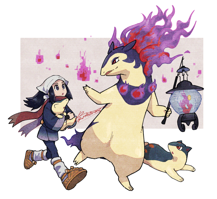 1girl akari_(pokemon) border brown_footwear commentary_request cyndaquil evolutionary_line fire floating_hair grey_jacket grey_skirt head_scarf hisuian_typhlosion holding holding_pokemon jacket lantern long_hair loose_socks pantyhose pokemon pokemon_(creature) pokemon_(game) pokemon_legends:_arceus ponytail purple_fire quilava red_scarf sagemaru-br scarf shoes sidelocks skirt twitter_username white_border white_headwear