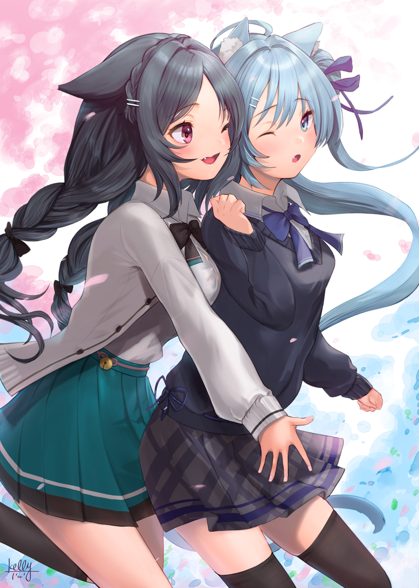 2girls animal_ear_fluff animal_ears asashio_(azur_lane) asashio_(the_transfer_student_underneath_the_dancing_petals)_(azur_lane) ascot azur_lane black_hair black_thighhighs blue_cardigan blue_eyes blue_hair blush bow breasts cardigan cat_ears cat_girl cat_tail cherry_blossoms collared_shirt green_skirt grey_bow hair_ornament hairclip highres hug hug_from_behind kelly_0w0 large_breasts long_hair long_sleeves medium_breasts multiple_girls official_alternate_costume ooshio_(azur_lane) ooshio_(let's_'ave_lunch)_(azur_lane) open_cardigan open_clothes open_mouth outdoors petals plaid red_eyes school_uniform shirt sign skirt tail thigh-highs white_cardigan white_shirt