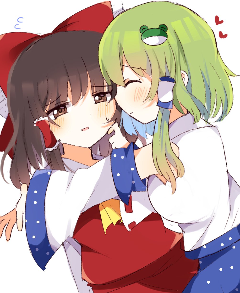 2girls blue_skirt blush breasts brown_hair detached_sleeves green_hair hair_ornament hair_ribbon hair_rings hakurei_reimu heart highres hug imminent_kiss kochiya_sanae medium_breasts multiple_girls red_shirt red_skirt ribbon shirt short_hair skirt touhou white_shirt yuri zeroko-san_(nuclear_f)