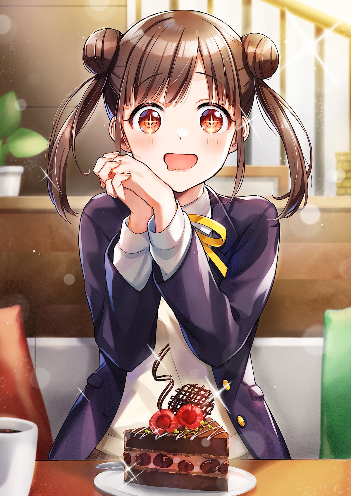 +_+ 1girl blazer blush brown_hair cafe cake cake_slice chocolate_cake coffee_mug cup double_bun drooling food hair_bun highres idolmaster idolmaster_shiny_colors indoors interlocked_fingers jacket lens_flare looking_at_food mouth_drool mug neck_ribbon own_hands_together piroshiki123 ribbon school_uniform solo sonoda_chiyoko sparkle twintails upper_body vest