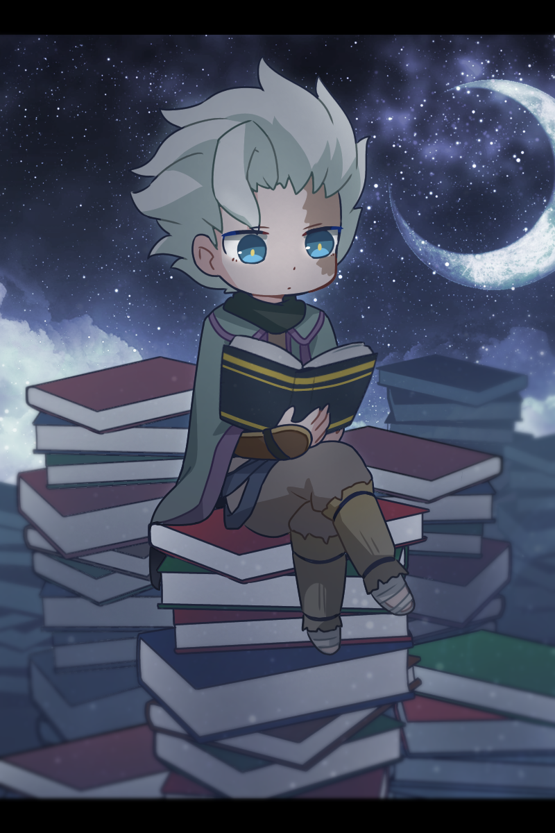 1boy ameamee69 asymmetrical_bangs bangs belafu_(human) blue_eyes blurry book book_stack bright_pupils brown_pants burn_scar chibi cloak closed_mouth clouds commentary_request crescent crescent_moon crossed_legs depth_of_field expressionless green_cloak green_scarf grey_footwear grey_hair highres holding holding_book letterboxed light_particles made_in_abyss male_focus miniboy moon multiple_sources night night_sky on_book open_book pants reading sandals scar scar_on_face scarf shin_guards short_hair sitting sky solo star_(sky) starry_sky too_many too_many_books vambraces yellow_pupils