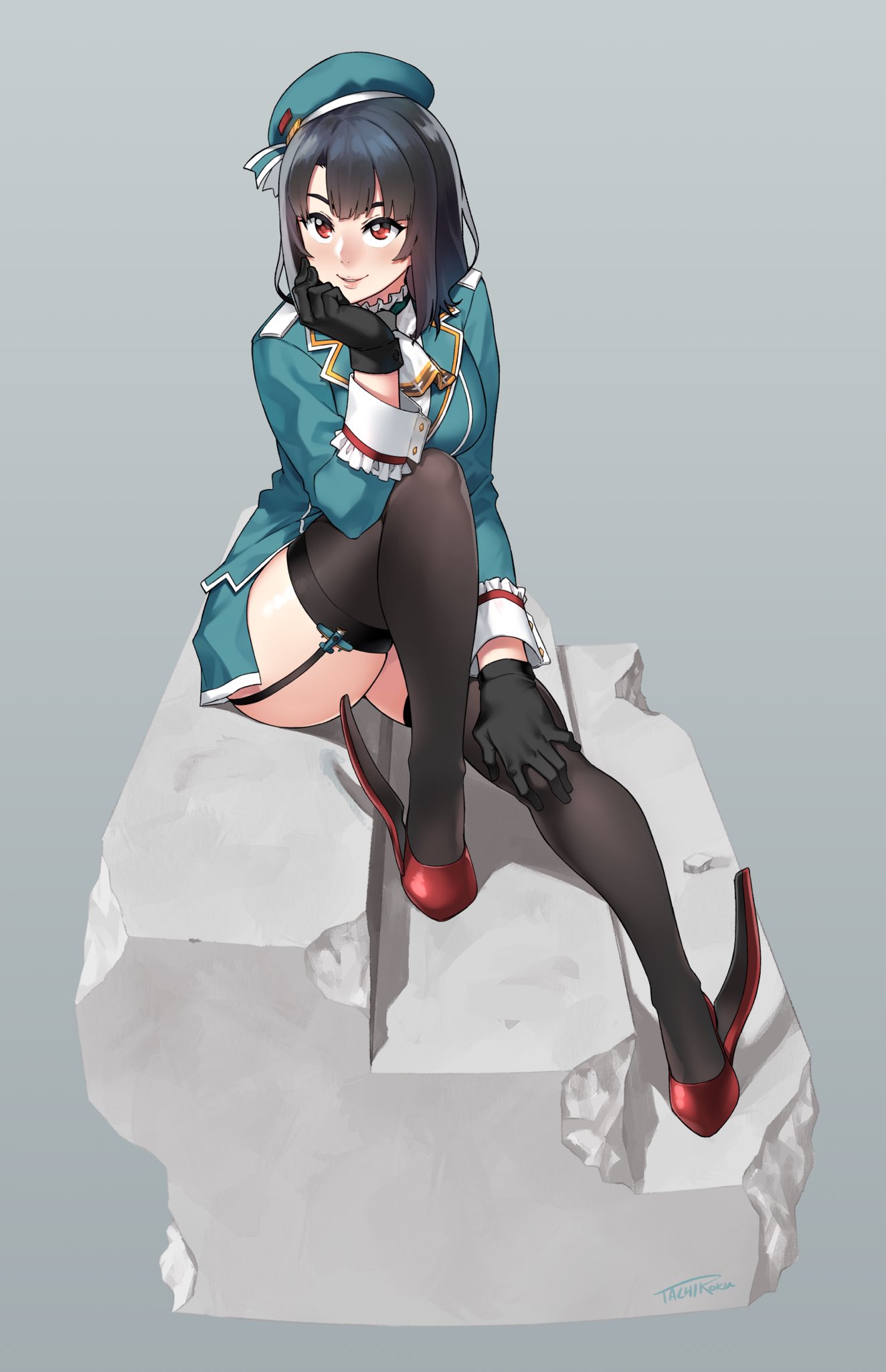 1girl beret black_gloves black_hair blue_headwear blue_skirt breasts commentary_request garter_straps gloves grey_background hand_on_own_chin hat highres kantai_collection large_breasts looking_at_viewer military military_uniform miniskirt pencil_skirt red_eyes rock short_hair simple_background sitting skirt solo tachibana_roku takao_(kancolle) thigh-highs uniform