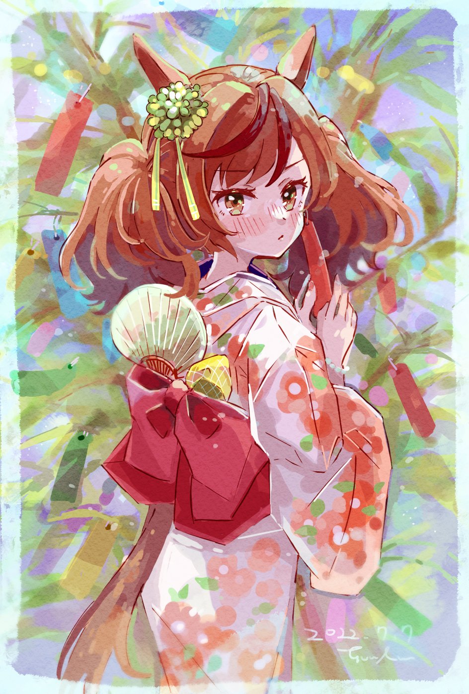 1girl alternate_costume animal_ears bamboo bangs blush brown_hair cowboy_shot cushion dated hair_ornament hand_fan highres horse_ears horse_girl horse_tail japanese_clothes kimono looking_at_viewer looking_back medium_hair multicolored_hair nice_nature_(umamusume) nose_blush obi paper_fan pink_kimono sash shi_no_ki_kurumi signature solo streaked_hair tail tanabata twintails uchiwa umamusume yukata zabuton