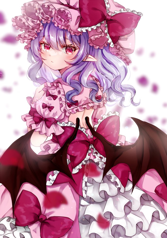 back_cutout bangs bat_wings black_wings bow closed_mouth clothing_cutout dress frilled_bow frilled_dress frilled_hat frills from_behind hat jaku_sono looking_at_viewer looking_back medium_hair pink_headwear pointy_ears purple_hair red_bow red_eyes remilia_scarlet simple_background standing touhou white_background white_dress wings