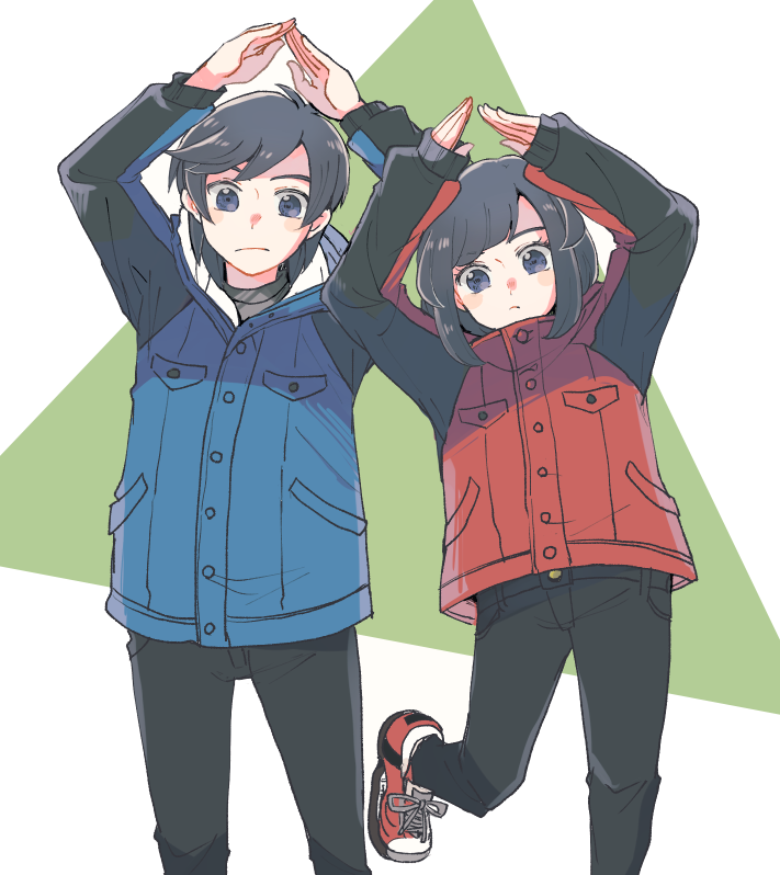 1boy 1girl alternate_costume antenna_hair arms_up atsumi_yoshioka bangs black_hair black_pants buttons closed_mouth commentary_request elio_(pokemon) eyelashes grey_eyes jacket leg_up long_sleeves pants pokemon pokemon_(game) pokemon_sm pose selene_(pokemon) shoes sleeves_past_wrists sneakers swept_bangs