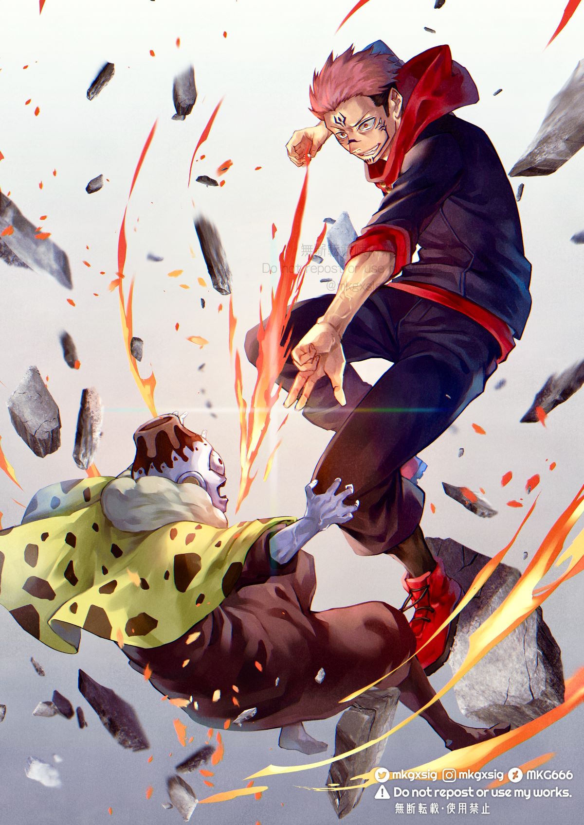 2boys battle black_teeth clenched_teeth colored_skin crack deviantart_logo extra_eyes facial_mark film_grain fingernails fire flame forehead_mark gradient gradient_background grey_skin highres hood hood_down instagram_logo jogo_(jujutsu_kaisen) jujutsu_kaisen male_focus multiple_boys one-eyed open_mouth parted_lips patterned patterned_clothing red_eyes red_footwear rock ryoumen_sukuna_(jujutsu_kaisen) shoes sirius_xe sleeves_rolled_up smile sneakers teeth twitter_logo veins veiny_arms watermark