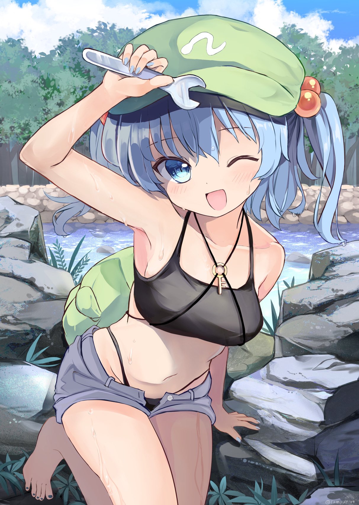 1girl arm_up armpits backpack bag barefoot black_tank_top blue_eyes blue_hair blush breasts flat_cap forest green_headwear hair_bobbles hair_ornament hat highleg highres kawashiro_nitori key medium_breasts medium_hair midriff nail_polish nature navel one_eye_closed ramudia_(lamyun) river rock short_shorts shorts sleeveless smile solo tank_top touhou twintails two_side_up wet wrench