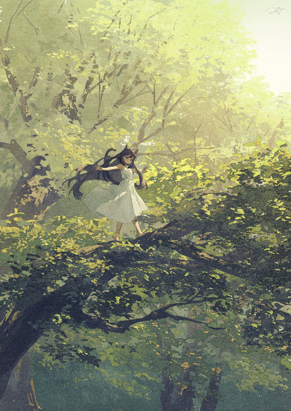 1girl animal_ears balancing barefoot blue_eyes brown_hair cat_ears dress highres in_tree long_hair original outdoors outstretched_arms potg_(piotegu) scenery sleeveless sleeveless_dress solo spread_arms sundress sunlight tree walking white_dress