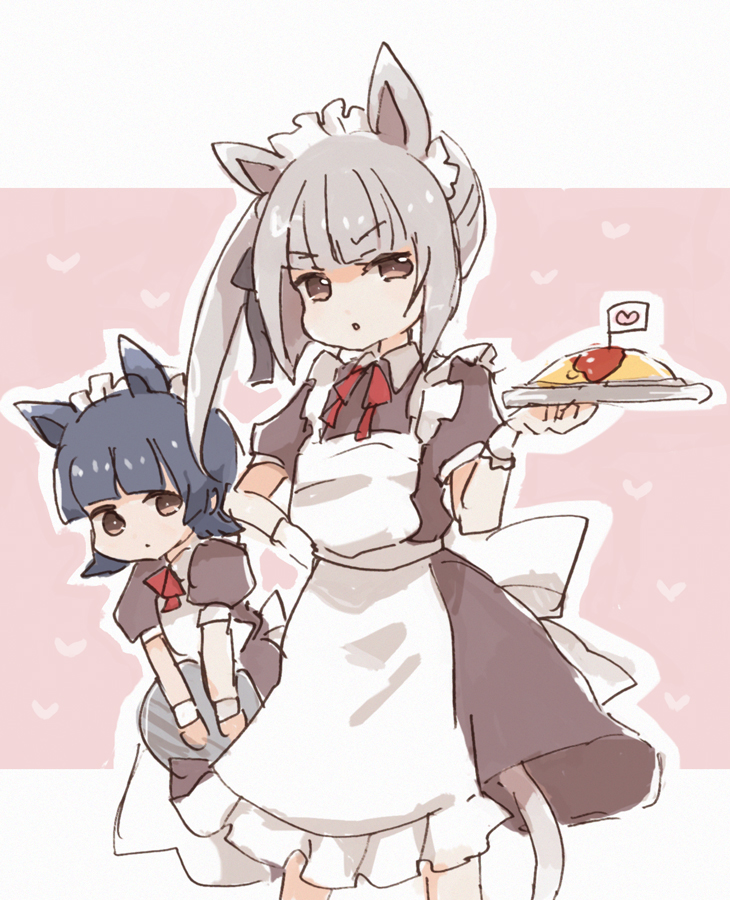 2girls alternate_costume animal_ears apron arare_(kancolle) black_dress black_hair brown_eyes cat_ears cat_tail closed_mouth dress enmaided food grey_hair holding holding_tray kantai_collection kasumi_(kancolle) long_hair maid maid_apron maid_headdress miko_(35nikomi) multiple_girls omurice parted_lips short_hair short_sleeves side_ponytail tail tray white_apron wrist_cuffs