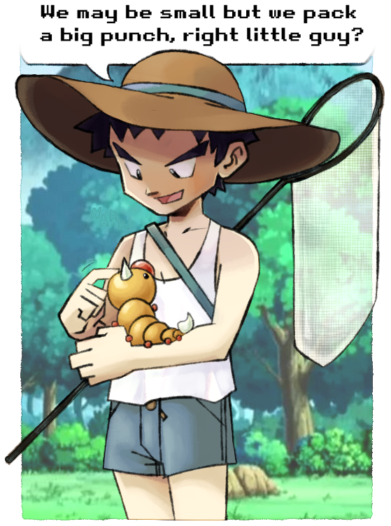 1boy black_hair bug_catcher_(pokemon) bush butterfly_net buttons collarbone grass hand_net looking_at_another male_focus nark open_mouth pokemon pokemon_(creature) pokemon_(game) pokemon_on_arm pokemon_rgby rock shorts smile tree v-shaped_eyebrows weedle