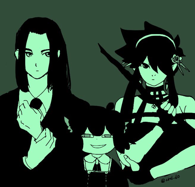 3boys animal_ears anya's_heh_face_(meme) anya_(spy_x_family) anya_(spy_x_family)_(cosplay) black_dress black_gloves black_jacket cat_boy cat_ears cosplay crd_do dress fengxi_(the_legend_of_luoxiaohei) fingerless_gloves formal gloves green_theme hair_over_one_eye jacket long_sleeves looking_at_viewer luoxiaohei male_child meme monochrome multiple_boys shirt spy_x_family suit the_legend_of_luo_xiaohei twilight_(spy_x_family) twilight_(spy_x_family)_(cosplay) upper_body white_shirt wuxian_(the_legend_of_luoxiaohei) yor_briar yor_briar_(cosplay)