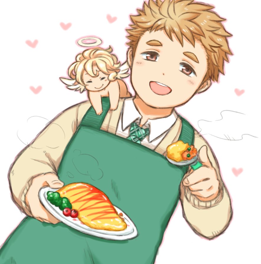 2boys angel_wings apron blonde_hair blush brown_eyes cherub collared_shirt cupid_(housamo) feathered_wings food green_apron green_necktie halo heart holding holding_food incoming_food male_focus multiple_boys necktie omurice open_mouth shirt short_hair smile steam summon_lw sweater tareme tennouji_shin'ya tokyo_afterschool_summoners white_background white_shirt wings yellow_sweater