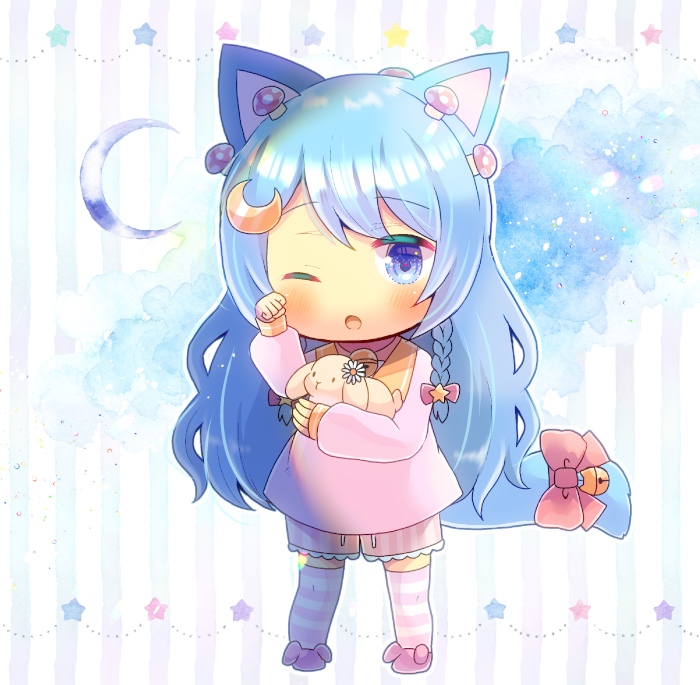 1girl ;o animal animal_ears animal_slippers bell blue_eyes blue_hair bow braid chibi commentary_request commission copyright_request crescent crescent_hair_ornament flower full_body hair_ornament hand_up jingle_bell kou_hiyoyo long_hair long_sleeves looking_at_viewer mushroom_on_head one_eye_closed parted_lips pink_bow pink_footwear pink_shirt puffy_long_sleeves puffy_sleeves rabbit rubbing_eyes shirt short_shorts shorts skeb_commission sleepy sleeves_past_wrists slippers solo star_(symbol) striped striped_background striped_legwear striped_shorts tail tail_bell tail_bow tail_ornament thigh-highs vertical-striped_shorts vertical_stripes very_long_hair virtual_youtuber white_flower