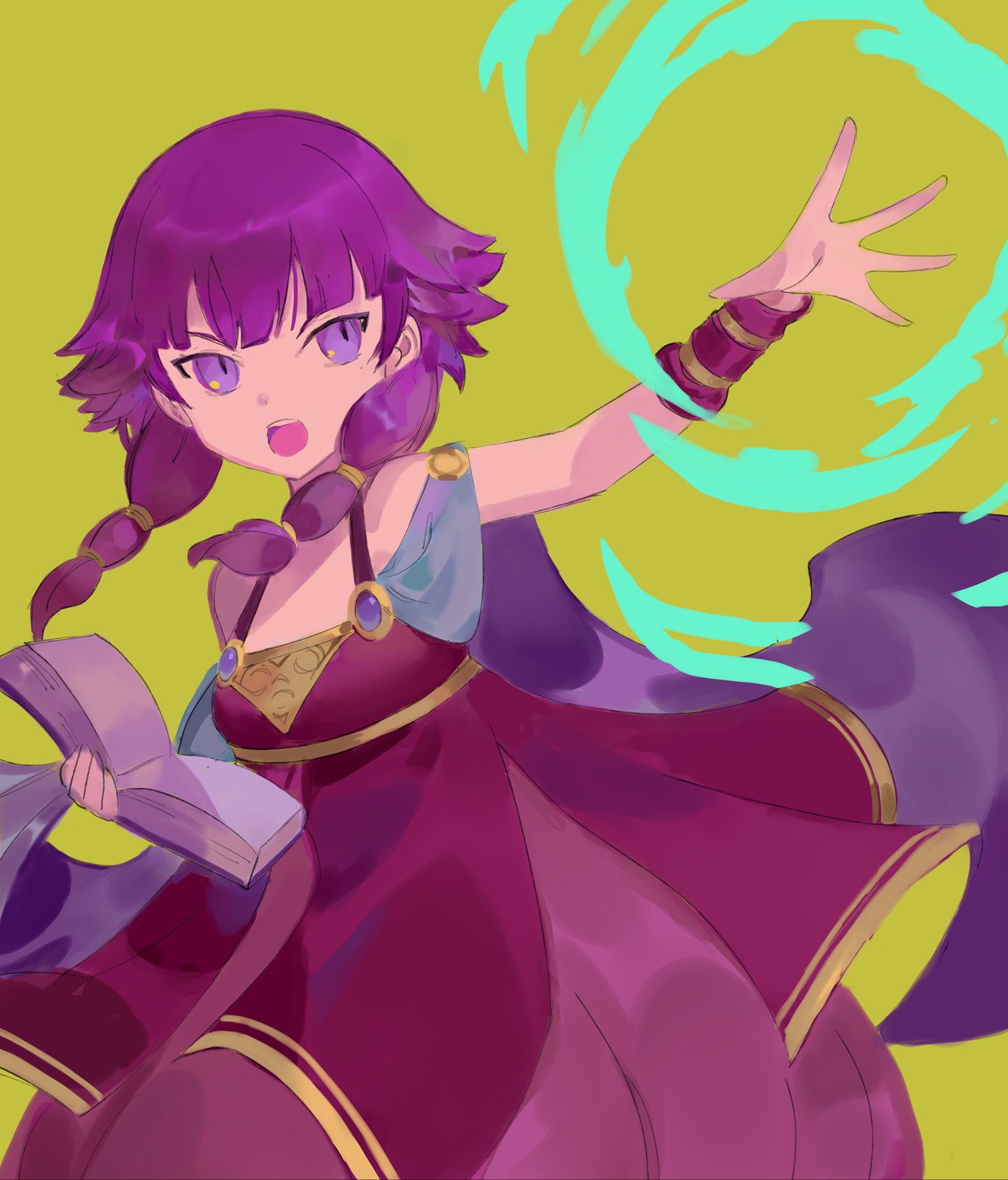 1girl bangs book dress fire_emblem fire_emblem:_the_sacred_stones highres holding holding_book lute_(fire_emblem) magic medium_hair open_mouth outstretched_arm purple_dress purple_hair ruuu_ran_ran sleeveless sleeveless_dress solo teeth twintails upper_teeth violet_eyes yellow_background
