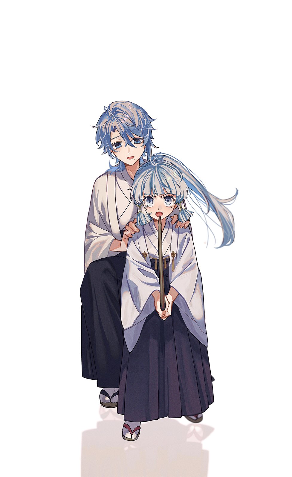 1boy 1girl bangs blue_eyes blue_hair blunt_bangs brother_and_sister commentary_request genshin_impact gurugnsn hair_between_eyes hands_on_another's_shoulders highres holding holding_weapon japanese_clothes kamisato_ayaka kamisato_ayato long_hair looking_at_viewer mole mole_under_eye mole_under_mouth open_mouth ponytail siblings sidelocks simple_background sword tears weapon white_background wooden_sword younger