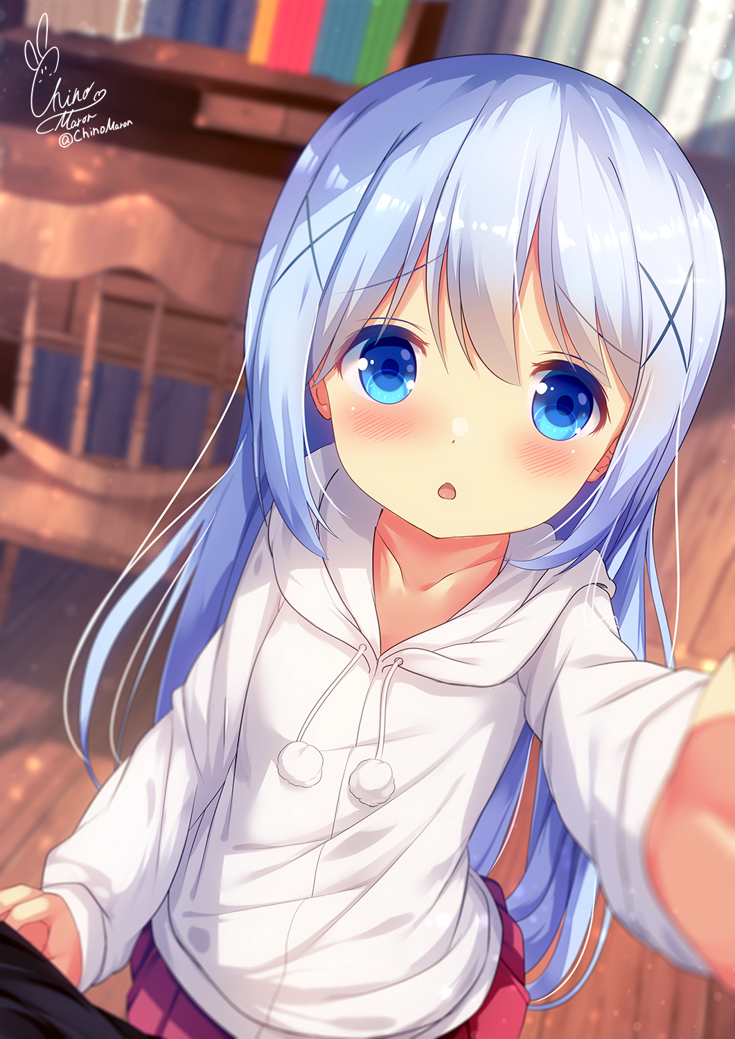 1girl artist_name blue_eyes blue_hair blurry blurry_background blush chinomaron collarbone gochuumon_wa_usagi_desu_ka? hair_between_eyes hair_ornament highres hood hoodie kafuu_chino long_hair long_sleeves open_mouth pleated_skirt pom_pom_(clothes) red_skirt signature skirt solo twitter_username white_hoodie x_hair_ornament