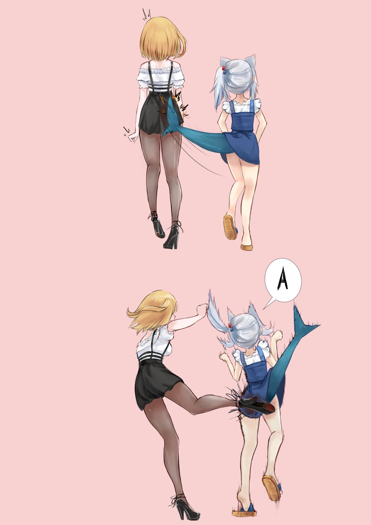 2girls blonde_hair blue_hair blush fish_tail from_behind gawr_gura highres hololive hololive_english kicking long_hair lycoris_recoil meme moral-steel multicolored_hair multiple_girls pantyhose parody pink_background school_uniform shark_tail skirt smile stand_by_me streaked_hair tail tail_slapping virtual_youtuber watson_amelia
