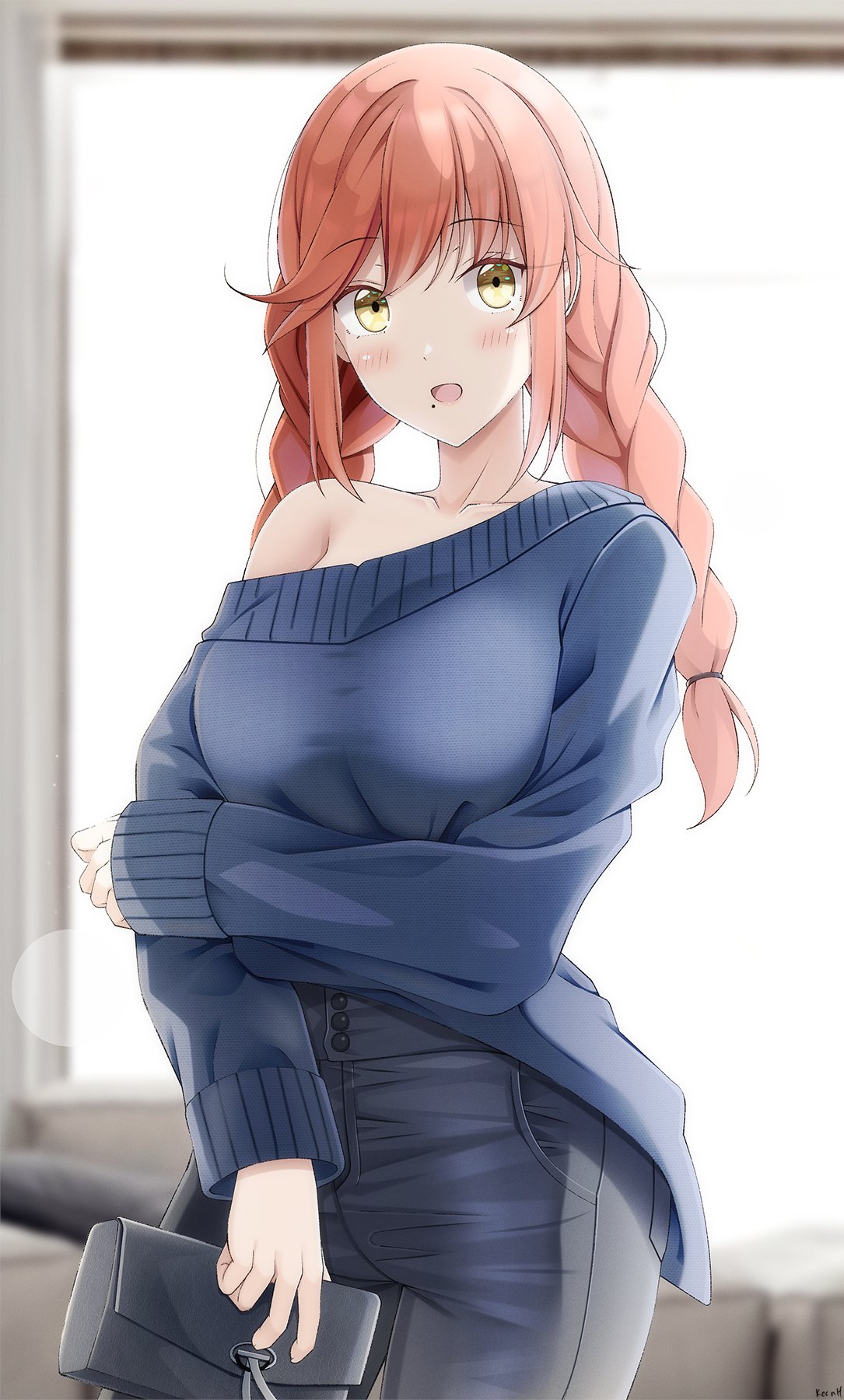 1girl arai_sakura_(rc_f) bag bangs black_pants blue_sweater blush borrowed_character braid breasts brown_eyes collarbone commission handbag high-waist_pants highres holding holding_bag keenh large_breasts leather leather_pants long_hair long_sleeves looking_at_viewer mole mole_under_mouth off-shoulder_sweater off_shoulder original pants redhead shiny shiny_clothes sleeves_past_wrists solo sweater tight tight_pants twin_braids window