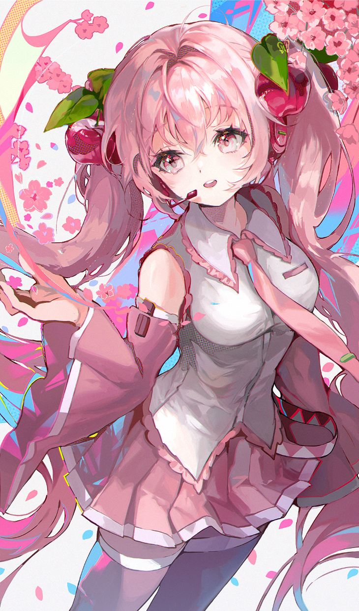 1girl bangs blue_background blush cherry_blossoms cherry_hair_ornament collared_shirt commentary commentary_request detached_sleeves food-themed_hair_ornament hair_ornament hatsune_miku headset highres long_hair looking_at_viewer necktie open_mouth pink_eyes pink_hair pink_necktie pla4neta sakura_miku shirt simple_background sleeveless sleeveless_shirt smile solo standing twintails upper_body very_long_hair vocaloid white_shirt