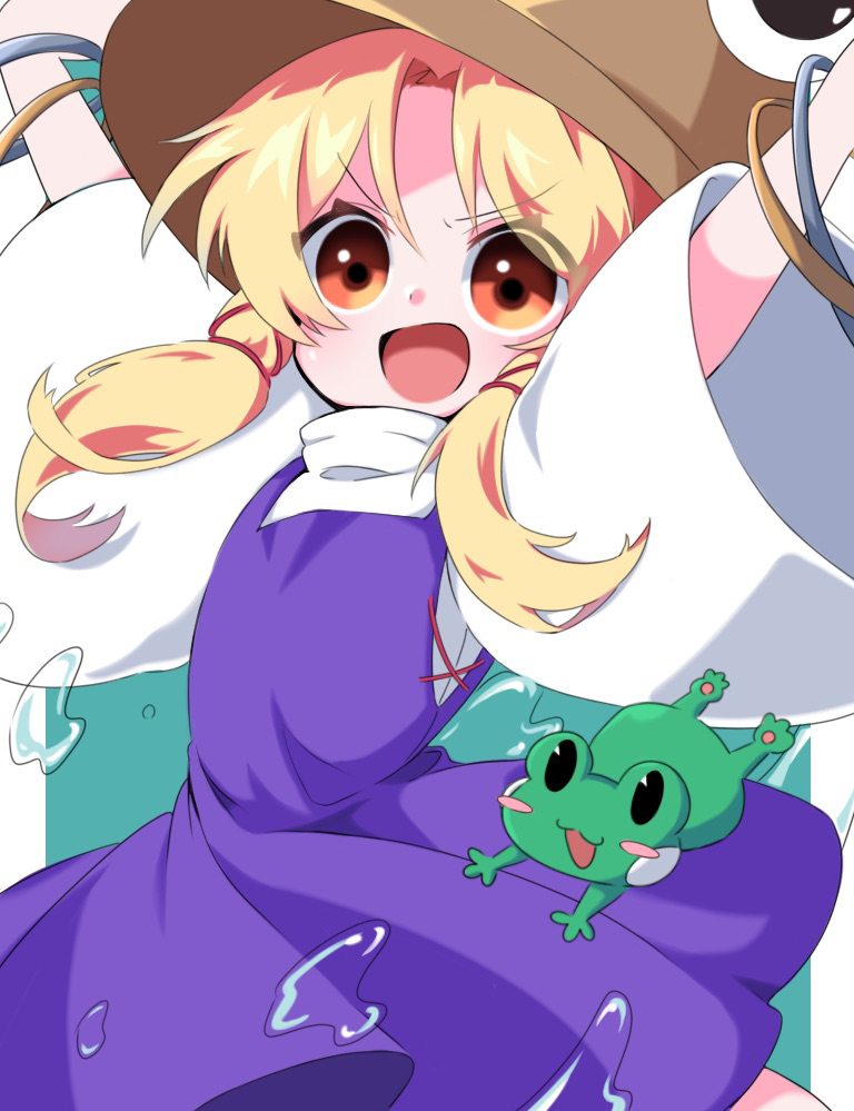 1girl 1other animal arms_up bangle bangs black_eyes blonde_hair blush blush_stickers border bracelet brown_headwear colored_skin commentary_request dress eyes_visible_through_hair frog green_background green_skin hair_between_eyes hair_ribbon hands_up hat jewelry jumping long_sleeves looking_to_the_side moriya_suwako open_mouth orange_eyes outside_border purple_dress qmu red_ribbon ribbon shirt short_hair simple_background standing tongue touhou tress_ribbon v-shaped_eyebrows water_drop white_border white_shirt wide_sleeves