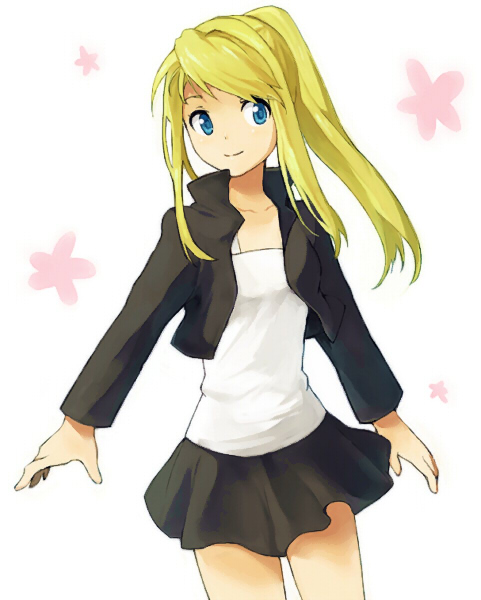 blonde_hair blue_eyes fullmetal_alchemist jacket miniskirt ponytail smile winry_rockbell