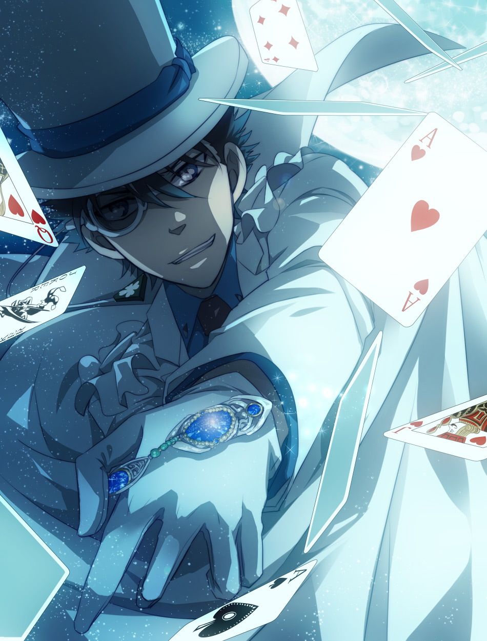 card cards detective_conan falling_card hat highres kaito_kid kamu kamu_(camui) kuroba_kaitou male meitantei_conan monocle night solo top_hat
