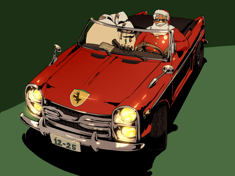 bag beard car christmas clipboard facial_hair ferrari gloves grin male motor_vehicle sack santa_claus shihou shihou_(g-o-s) smile solo sunglasses vehicle white_hair