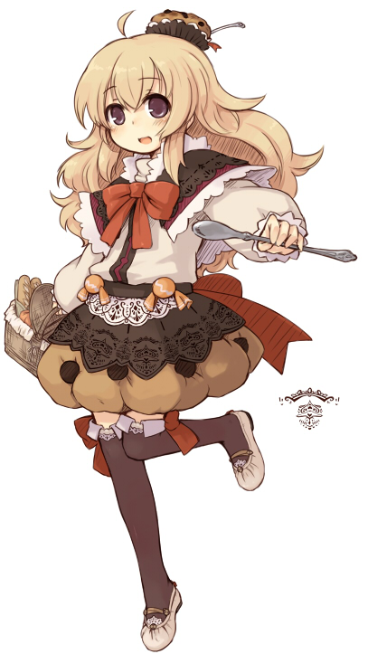 ahoge ballet_slippers basket black_legwear black_thighhighs blonde_hair blue_eyes bow bread food food_themed_clothes long_hair muffin object_on_head open_mouth original ribbon smile solo spoon standing_on_one_leg thigh-highs thighhighs