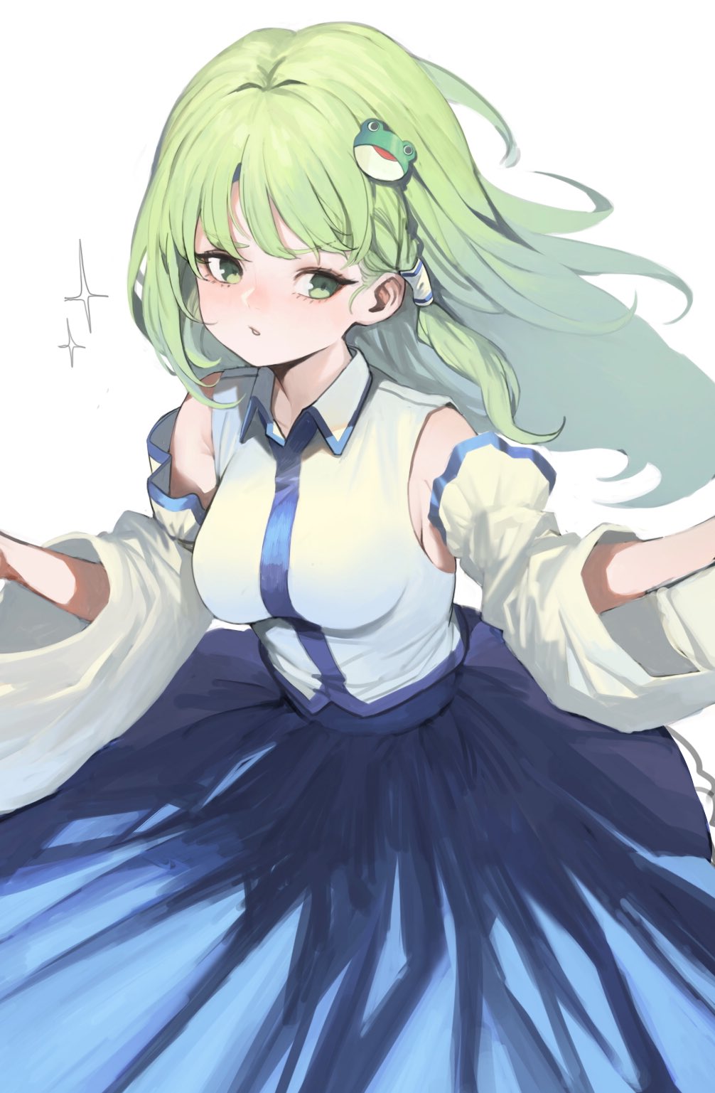 1girl bangs bare_shoulders blue_skirt blush collared_shirt commentary_request detached_sleeves feet_out_of_frame green_eyes green_hair hair_ornament heoningu highres kochiya_sanae korean_commentary long_hair long_skirt looking_at_viewer parted_lips shirt single_hair_tube skirt sleeveless sleeveless_shirt snake_hair_ornament solo sparkle touhou white_background white_shirt white_sleeves wing_collar