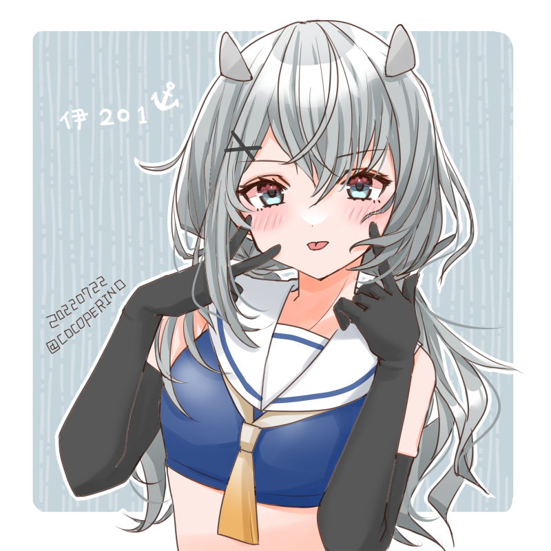 1girl black_gloves cocoperino commentary_request crop_top elbow_gloves fake_horns gloves gradient_neckerchief grey_eyes grey_hair horned_headwear horns i-201_(kancolle) kantai_collection long_hair neckerchief one-hour_drawing_challenge sailor_collar solo striped striped_background tongue tongue_out twitter_username upper_body white_neckerchief white_sailor_collar