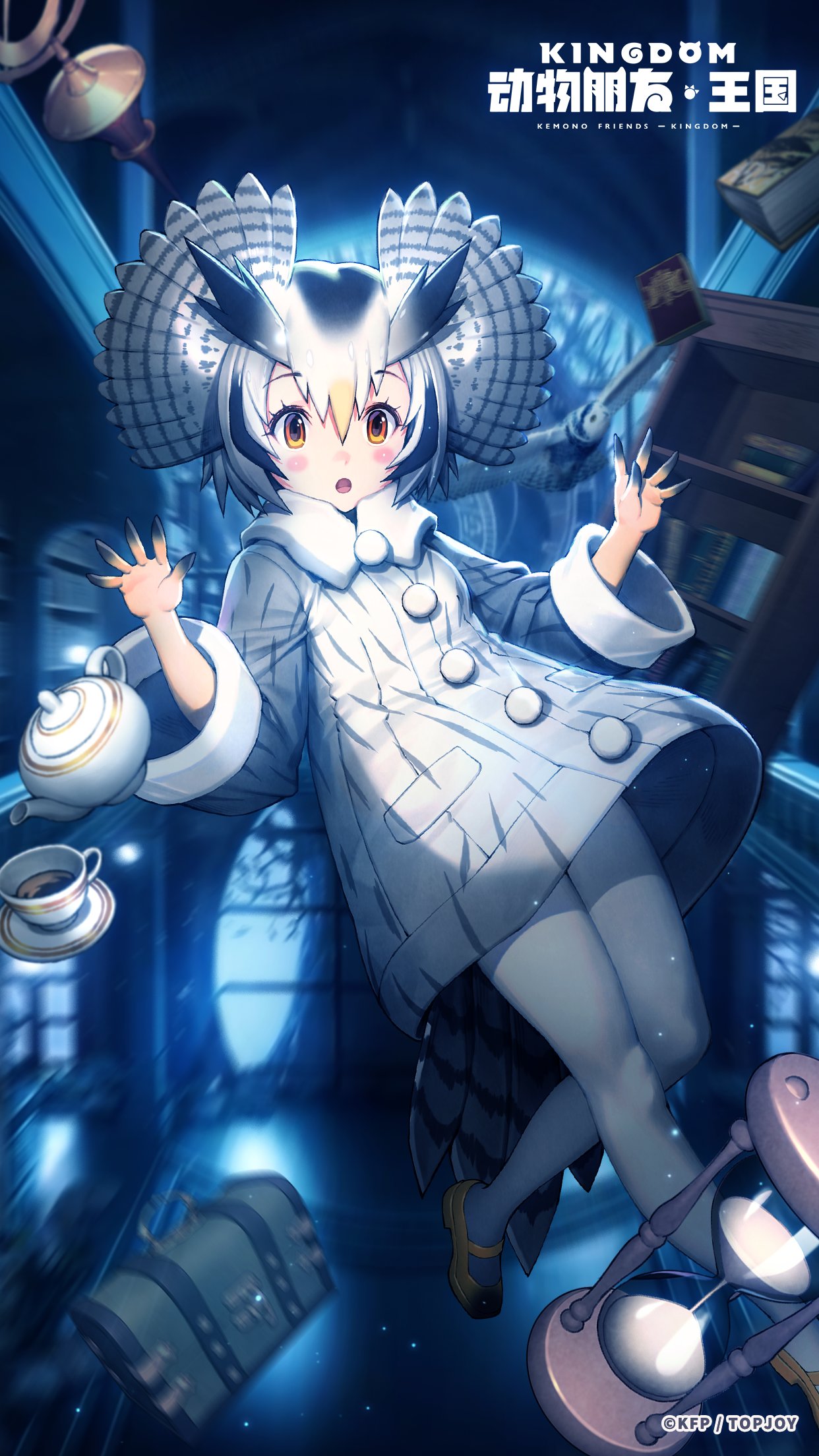 1girl animal_costume bird_girl bird_tail bird_wings blush book bookshelf cup dress gloves highres hourglass kemono_friends kemono_friends_kingdom kneehighs looking_at_viewer northern_white-faced_owl_(kemono_friends) official_art open_mouth short_hair socks solo tail teacup teapot white_dress white_hair white_socks wings yellow_eyes yellow_gloves