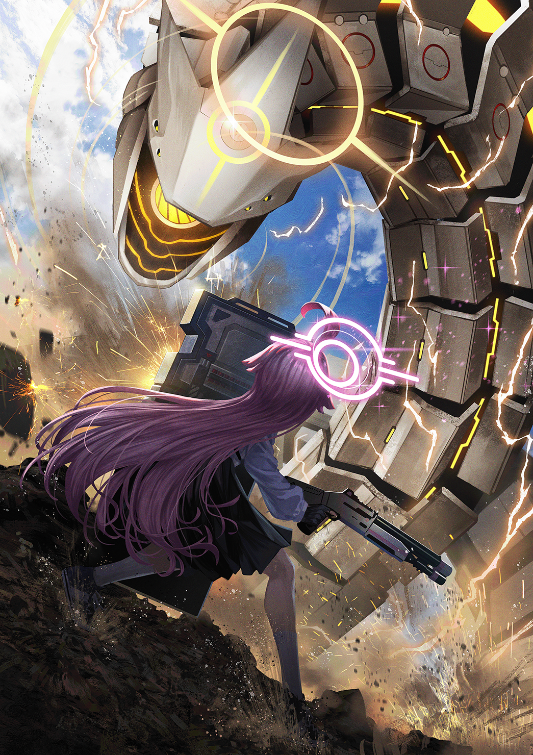 1girl ahoge battle binah_(blue_archive) black_gloves black_skirt blue_archive clouds commentary_request dirt electricity gloves gun halo highres holding holding_gun holding_weapon hoshino_(blue_archive) long_hair long_sleeves miyoshi_nao_(miyoshist) pink_hair pleated_skirt riot_shield shield shirt shotgun skirt sky snake very_long_hair weapon white_shirt