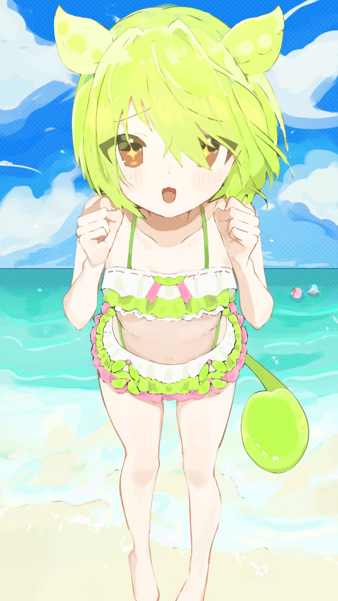 +_+ 3girls beach blush brown_eyes clenched_hands clouds commentary_request green_hair hair_over_eyes highres kotonoha_akane kotonoha_aoi long_hair looking_at_viewer multicolored_clothes multicolored_swimsuit multiple_girls open_mouth pea_pod personification ponytail pwww swimsuit water zundamon