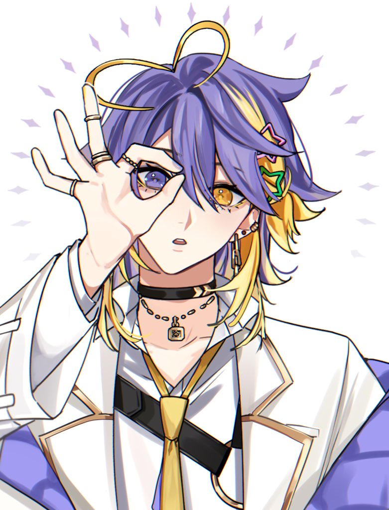 1boy :o antenna_hair aster_arcadia bangs black_choker blonde_hair choker ear_piercing earrings gradient_hair hair_between_eyes hair_ornament hand_up heterochromia jacket jewelry kiyukyuu long_sleeves looking_at_viewer male_focus medium_hair multicolored_hair necktie nijisanji nijisanji_en ok_sign ok_sign_over_eye open_mouth parted_lips piercing purple_hair ring simple_background solo star_(symbol) star_hair_ornament streaked_hair upper_body violet_eyes virtual_youtuber white_background wide_sleeves yellow_eyes yellow_necktie