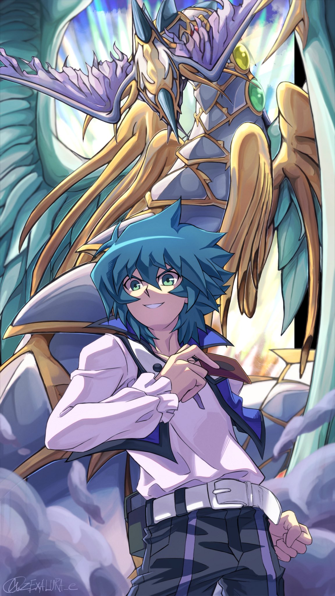 1boy bangs belt blue_jacket card commentary cropped_jacket cropped_legs dragon duel_monster feathered_wings frilled_sleeves frills green_eyes green_hair head_wings high_collar highres holding holding_card horns jacket johan_andersen long_sleeves looking_at_viewer rainbow_dragon_overdrive shirt single_horn sleeveless sleeveless_jacket smile twitter_username white_belt white_shirt wings yu-gi-oh! yu-gi-oh!_gx zexalura53