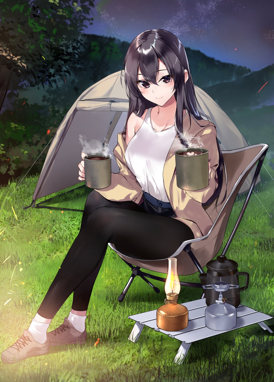 1girl bangs bare_shoulders black_hair black_pants blush brown_eyes brown_footwear brown_jacket chair character_request closed_mouth copyright_request cup hands_up highres holding holding_cup jacket kasumi_komo lantern long_hair long_sleeves looking_at_viewer night night_sky off_shoulder outdoors pants shoes sitting sky smile socks solo star_(sky) table tank_top tent tree white_socks white_tank_top