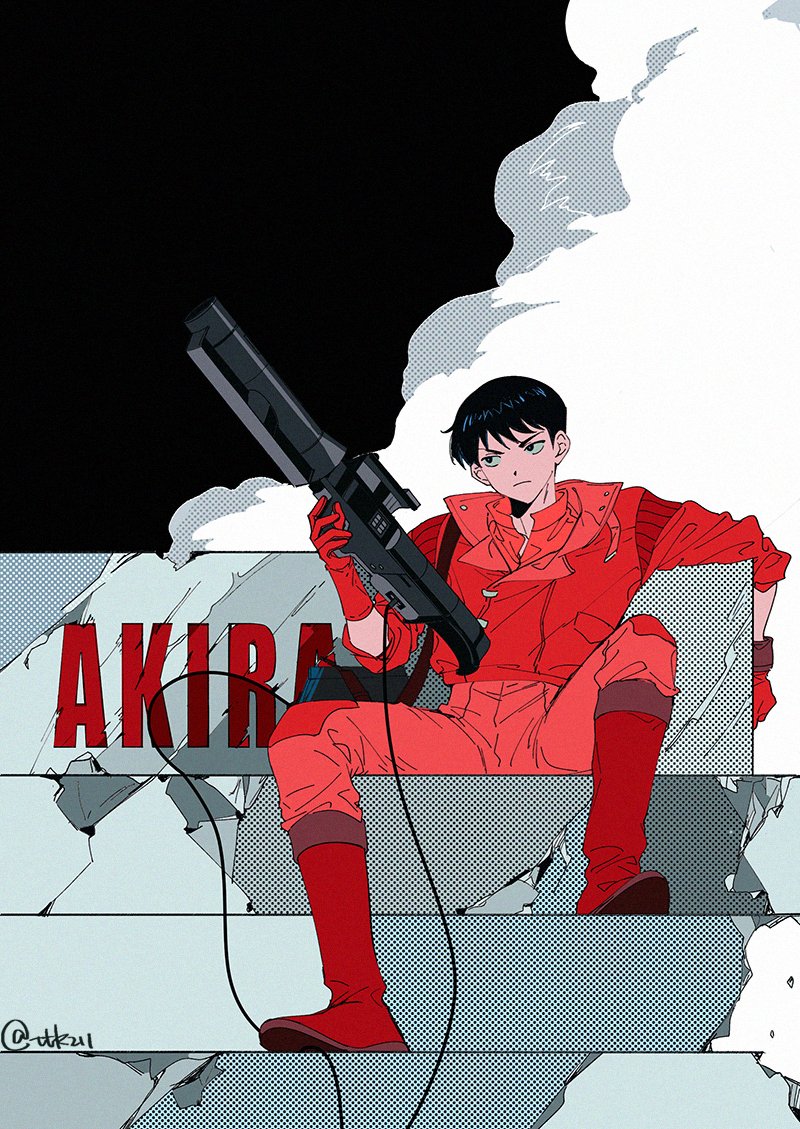 1boy akira black_eyes black_hair boots cable closed_mouth crack frown gloves gun holding holding_gun holding_weapon jacket kaneda_shoutarou male_focus red_footwear red_gloves red_jacket sitting sleeves_rolled_up smoke solo stairs ttk211 twitter_username weapon