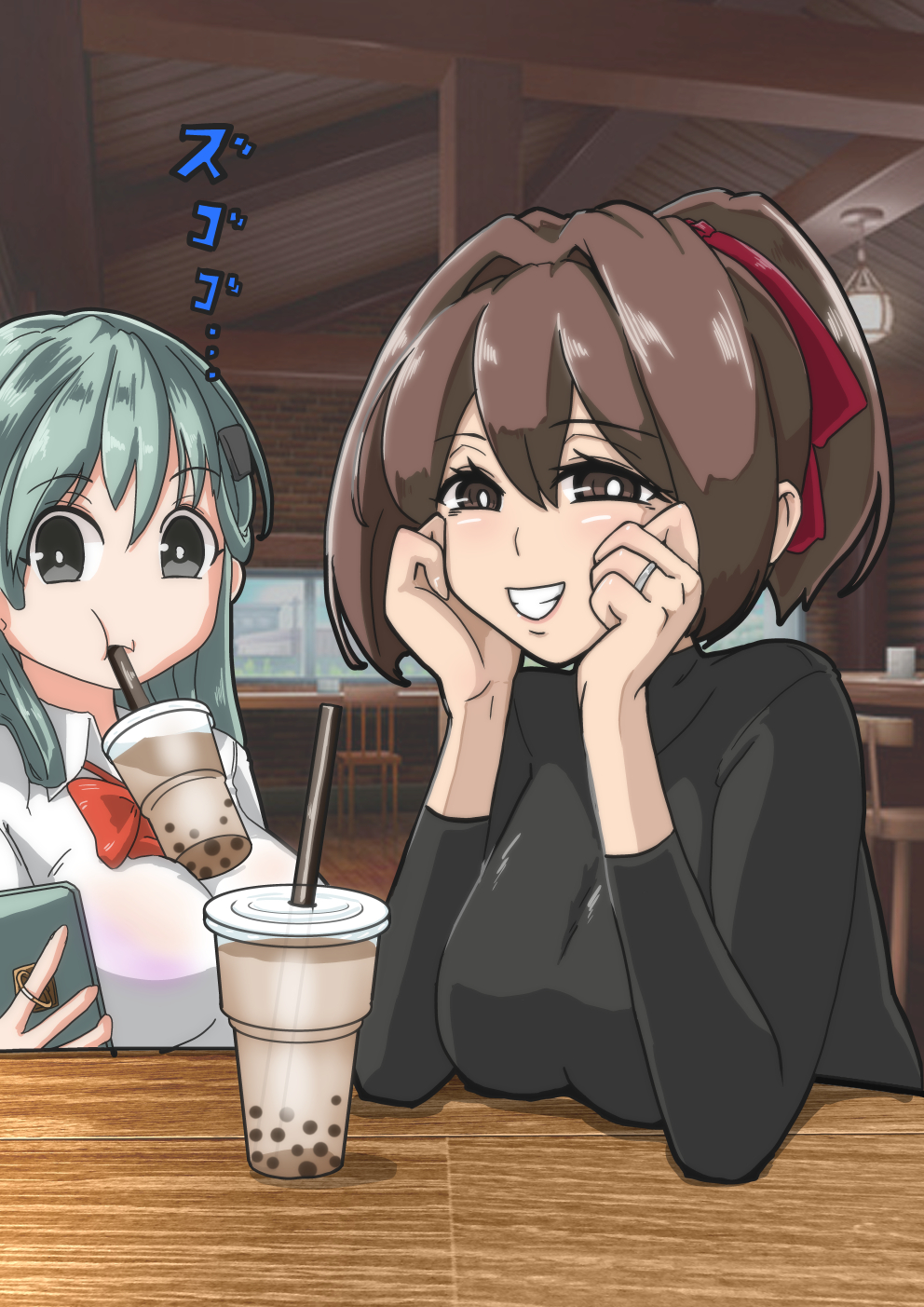 2girls aqua_hair black_sweater bow bowtie breasts brown_eyes brown_hair bubble_tea bubble_tea_challenge collared_shirt cup disposable_cup drinking_straw drinking_straw_in_mouth grey_eyes hair_ornament hair_ribbon hairclip highres indoors ise_(kancolle) jewelry kantai_collection large_breasts long_hair long_sleeves multiple_girls object_on_breast ponytail red_bow red_bowtie red_ribbon ribbon ring school_uniform shirt short_hair suzuya_(kancolle) suzuya_kai_ni_(kancolle) sweater tsun'ichi_(tsun1) wedding_band white_shirt