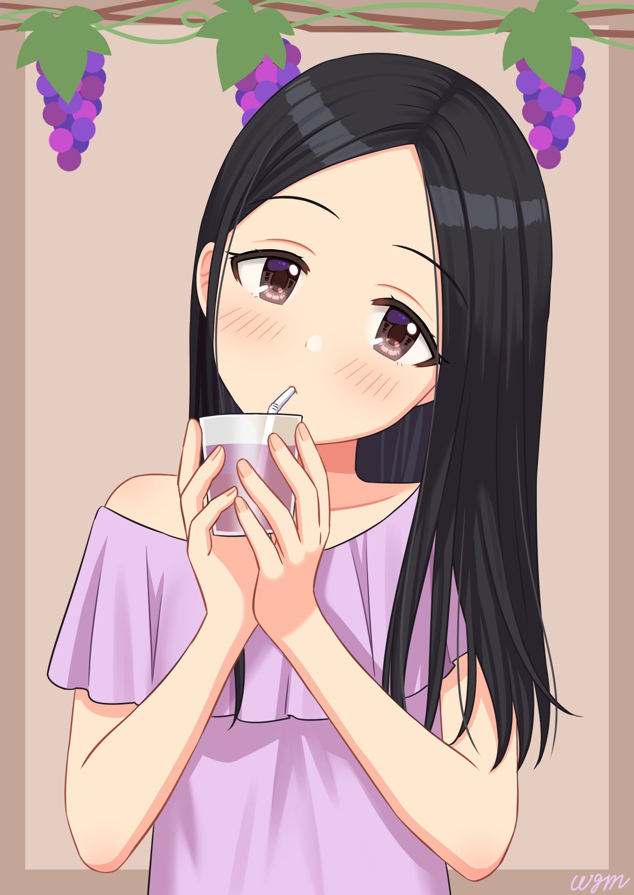 bangs black_hair blush brown_background brown_eyes commentary_request commission cup drinking_straw expressionless food frilled_shirt frills fruit grapes hands_up highres hiiragi_shino holding holding_cup idolmaster idolmaster_cinderella_girls juice leaf long_hair looking_at_viewer off-shoulder_shirt off_shoulder parted_bangs purple_shirt shirt short_sleeves skeb_commission solo upper_body wgm_oekaki younger