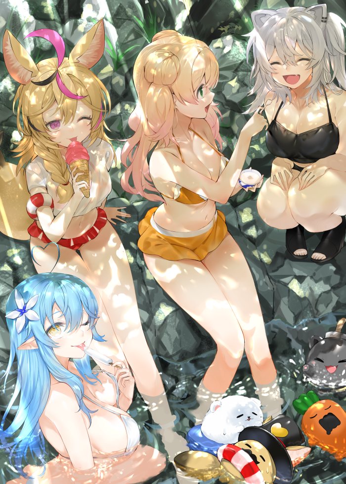 4girls animal_ears bikini blue_hair breasts cat_ears food fox_ears hair_ornament hololive ice_cream kou_mashiro large_breasts looking_at_viewer momosuzu_nene multiple_girls omaru_polka river shishiro_botan sitting ssrb swimsuit yukihana_lamy