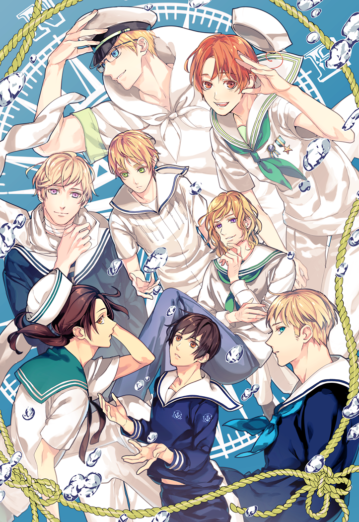 6+boys adjusting_clothes adjusting_headwear america_(hetalia) axis_powers_hetalia black_hair blonde_hair blue_eyes blue_neckerchief blue_sailor_collar blue_shirt brown_eyes brown_hair china_(hetalia) compass_background france_(hetalia) germany_(hetalia) glasses green_eyes green_neckerchief hat japan_(hetalia) long_sleeves male_focus medium_hair multiple_boys neckerchief northern_italy_(hetalia) russia_(hetalia) sailor sailor_collar sailor_hat sailor_shirt salute scarf shirt short_hair sumi_tooru united_kingdom_(hetalia) violet_eyes water_drop white_neckerchief