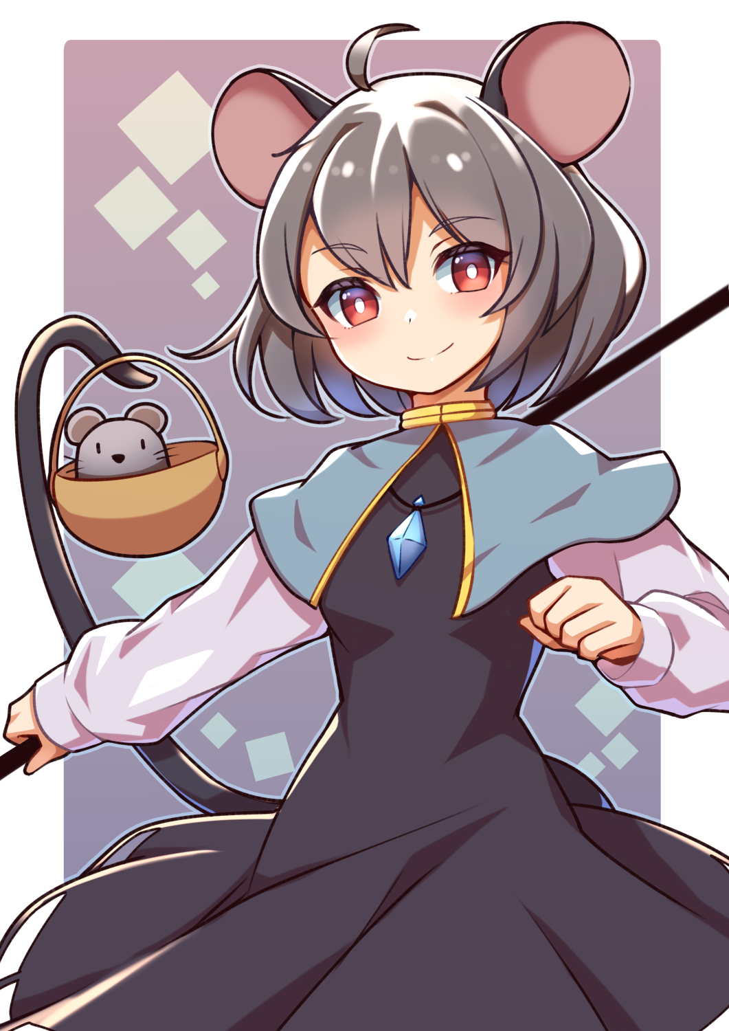 1girl ahoge animal_ears bangs basket black_dress blue_capelet border bright_pupils capelet closed_mouth dress grey_background grey_hair highres jewelry long_sleeves looking_at_viewer mouse mouse_ears mouse_girl mouse_tail nazrin pendant red_eyes short_hair smile standing tail touhou umenodo white_border white_pupils