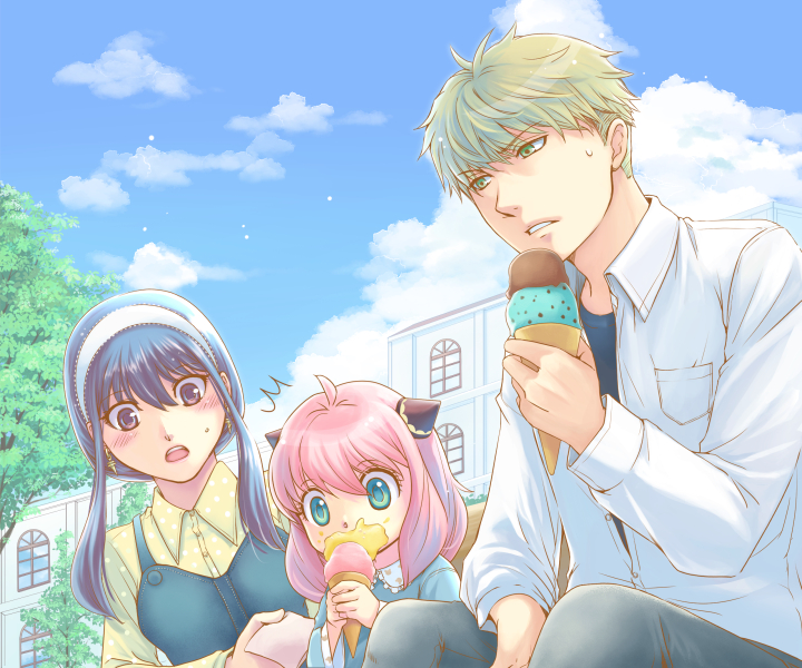 1boy 2girls anya_(spy_x_family) black_hair blonde_hair blue_shirt blush breasts brown_eyes building clouds family female_child food food_on_face green_eyes grey_pants hair_between_eyes hair_up hairband hairpods holding_ice_cream ice_cream ice_cream_cone ice_cream_on_face layered_shirt long_hair long_sleeves looking_at_another multiple_girls napkin open_mouth outdoors pants parted_lips pink_hair shirt short_hair sidelocks spy_x_family sweatdrop teeth tree tsuki_oto_sena twilight_(spy_x_family) upper_teeth white_hairband white_shirt window yellow_shirt yor_briar