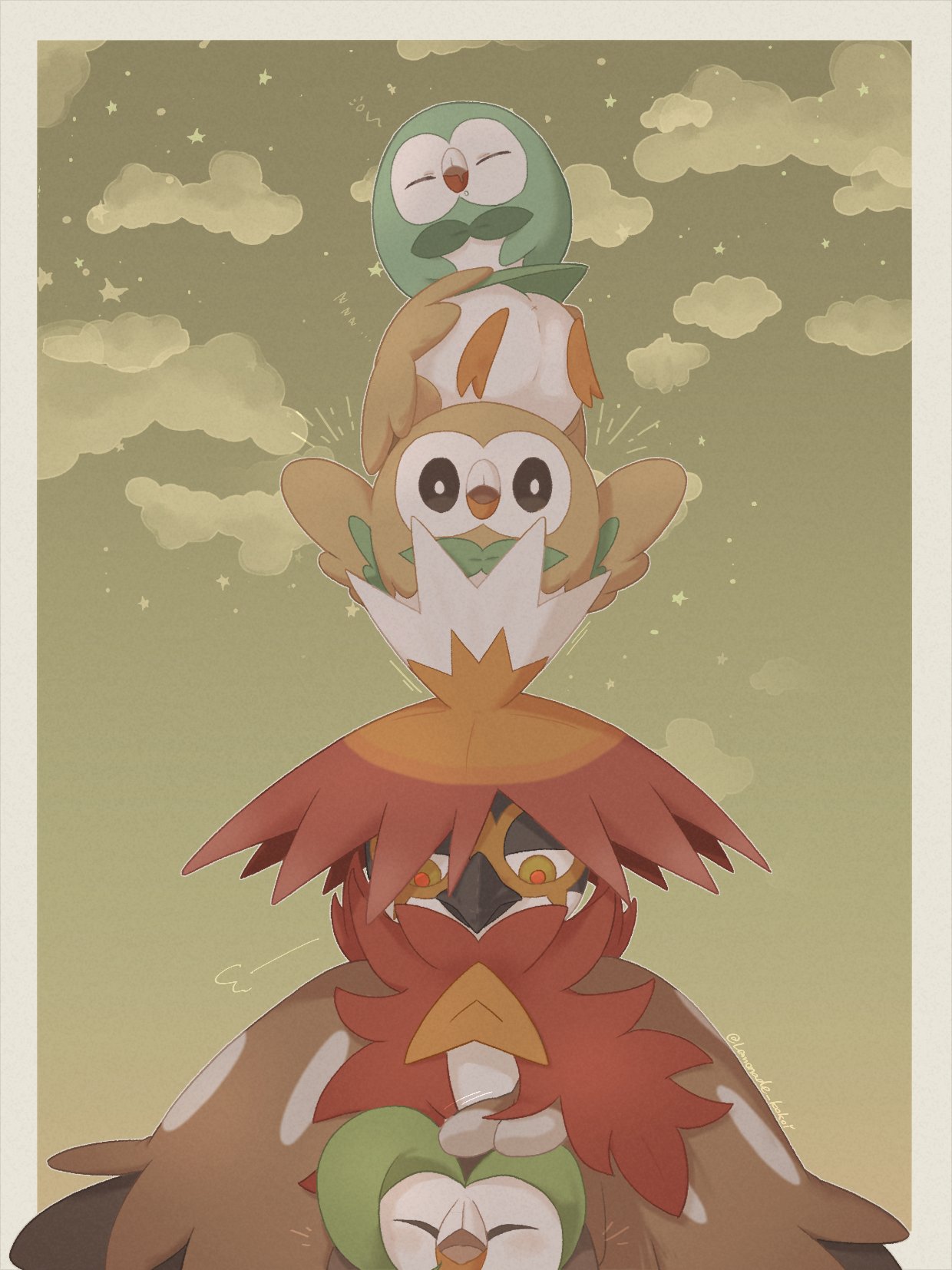 alternate_color border bright_pupils brown_eyes closed_eyes clouds commentary_request dartrix highres hisuian_decidueye lemonade_kokoi looking_at_viewer no_humans pokemon pokemon_(creature) red_pupils rowlet shiny_pokemon white_border white_pupils