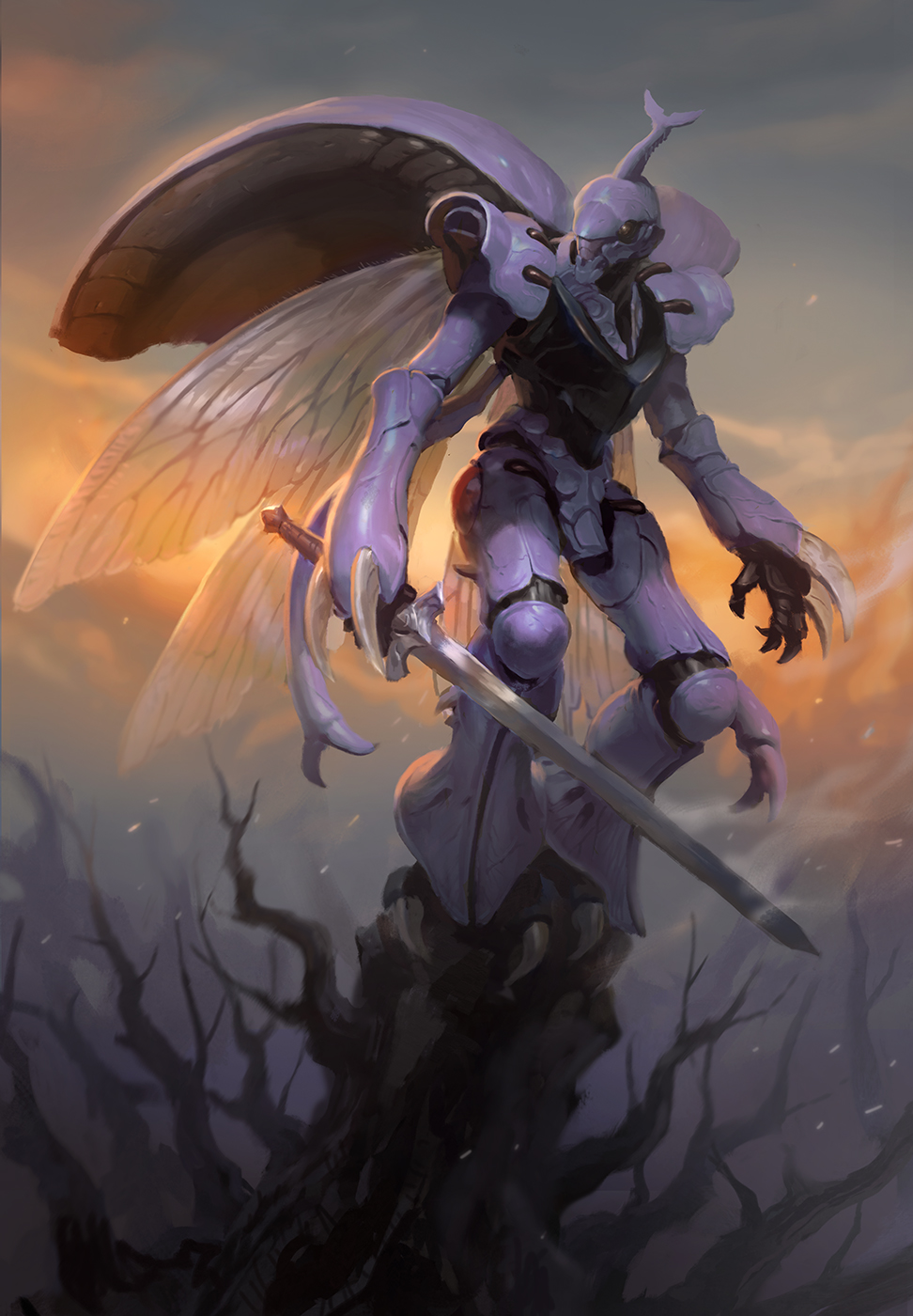 clouds dunbine highres holding holding_sword holding_weapon insect_wings kilart looking_to_the_side mecha no_humans open_hand red_eyes robot seisenshi_dunbine solo sword weapon wings
