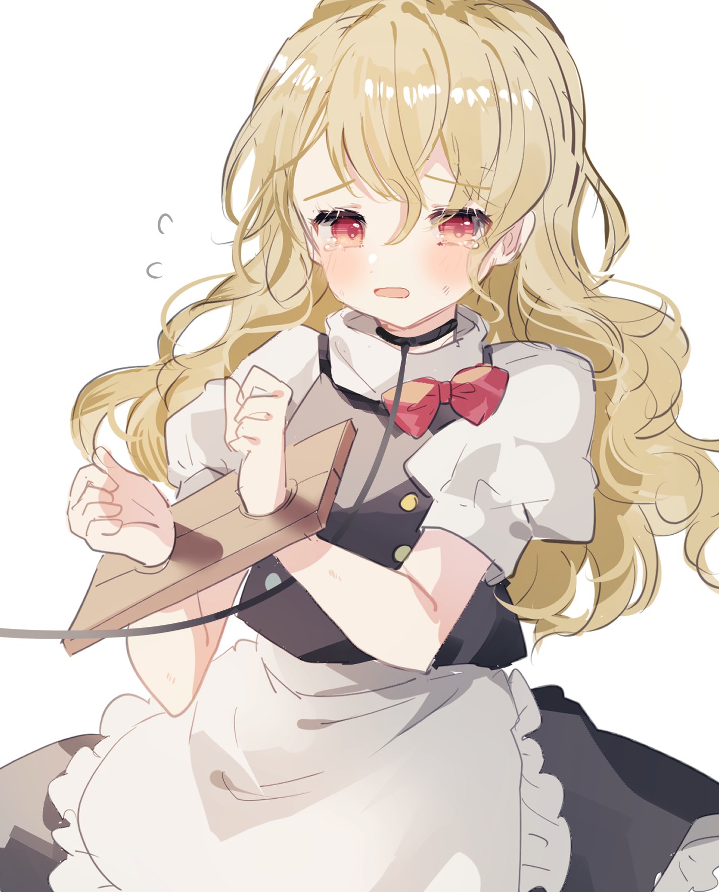 100th_black_market 1girl alternate_eye_color apron bangs black_dress blonde_hair blush bow breasts buttons collar commentary_request crying dress eyes_visible_through_hair frills grey_apron grey_shirt hair_between_eyes hands_up highres kirisame_marisa long_hair looking_away medium_breasts no_hat no_headwear open_mouth puffy_short_sleeves puffy_sleeves red_bow red_eyes restrained shirt short_sleeves simple_background solo sorani_(kaeru0768) standing tears touhou white_background